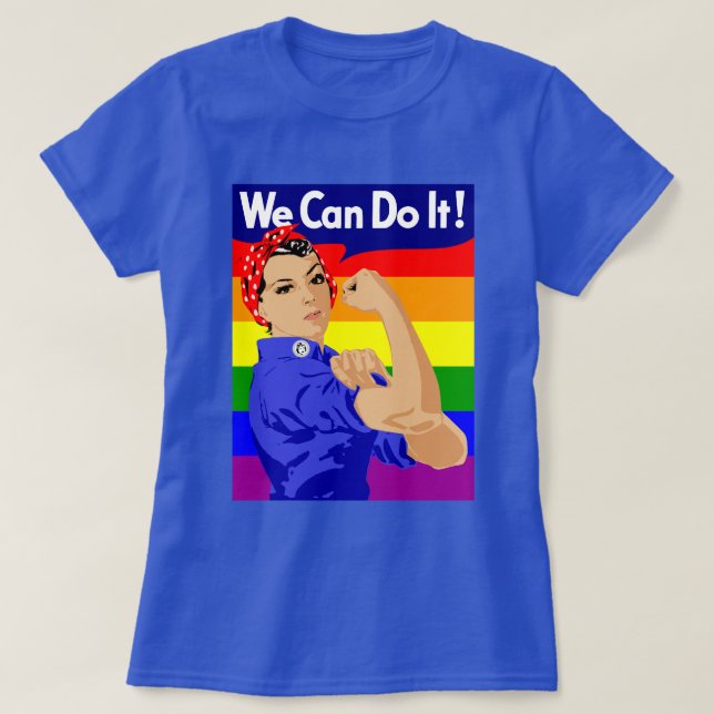 GAY PRIDE ROSIE THE RIVETER WITH RAINBOW FLAG T-Shirt (Design Front)