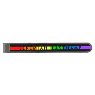 Gay Pride Stripe Custom Name Tiebar Gunmetal Finish Tie Bar