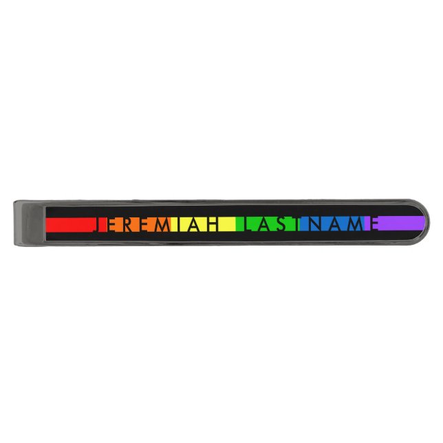 Gay Pride Stripe Custom Name Tiebar Gunmetal Finish Tie Bar (Front)