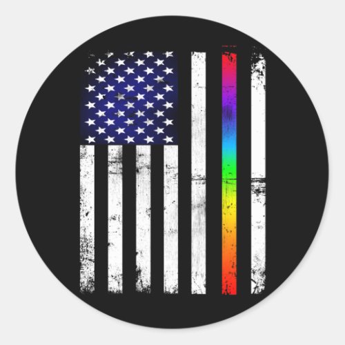 Gay Pride Thin Rainbow Line American Flag Classic Round Sticker