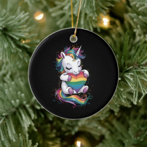 Gay Pride Unicorn Heart Rainbow Flag Lgbt  Ceramic Ornament