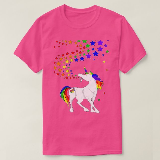 Gay Pride Unicorn Spewing Rainbows Stars T-Shirt (Design Front)