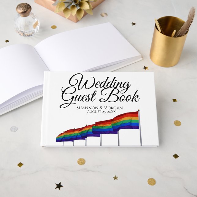 Gay Pride Wedding Guest Book - Black Text (Front Open)