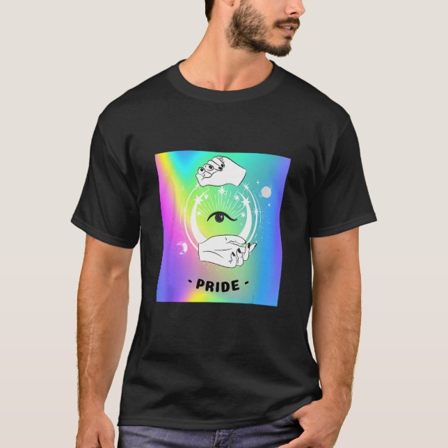 Gay Pride Witchy Moon Tarot Card Rainbow Eye LGBTQ T-Shirt (Front)