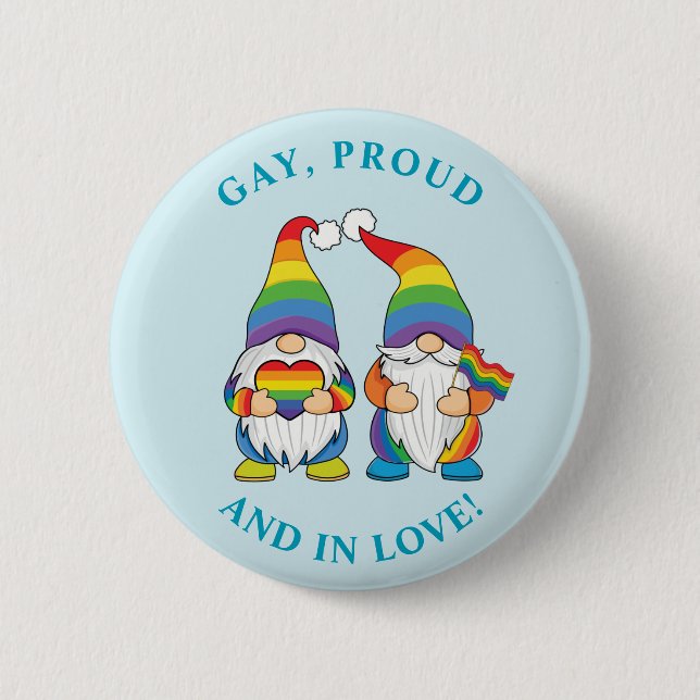 Gay, Proud and In Love - Two Rainbow Boy Gnomes Button (Front)