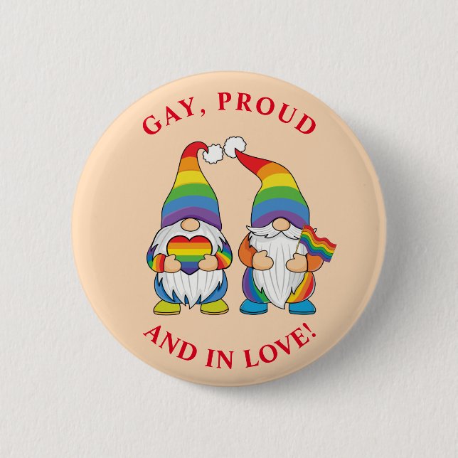 Gay, Proud and In Love - Two Rainbow Boy Gnomes Button (Front)