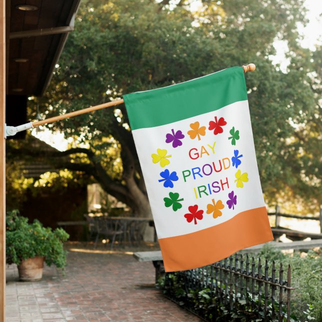 Gay Proud Irish LGBT Rainbow Shamrocks House Flag (In SItu)