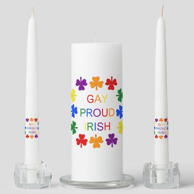 Gay Proud Irish LGBT Rainbow Shamrocks Unity Candle Set (Front)
