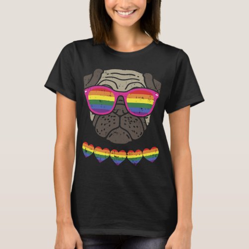 Gay Pug Funny Rainbow Glasses Hearts LGBT Pet Dog  T_Shirt