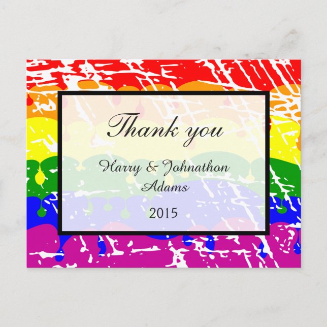 Gay Rainbow Freedom Flag Fun Wedding Thank you Postcard (Front)