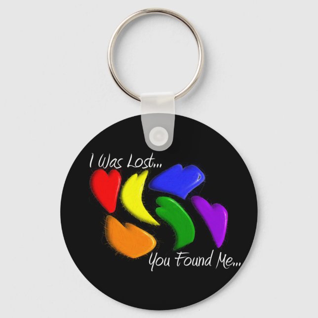 Gay Rainbow Hearts "I was lost, you found me" Keychain (Front)