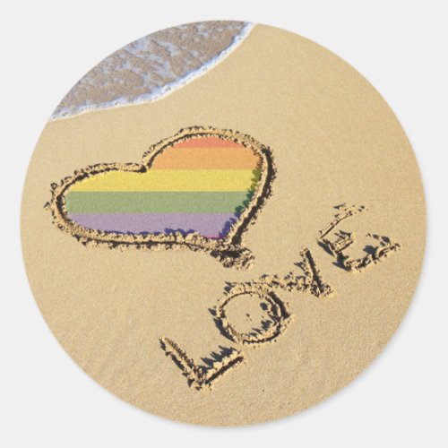 Gay Rainbow Love Heart In The Sand Classic Round Sticker