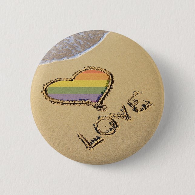 Gay Rainbow Love Heart In The Sand Pinback Button (Front)