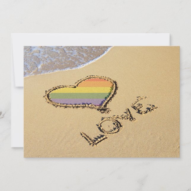 Gay Rainbow Love Heart In The Sand Save The Date (Front)