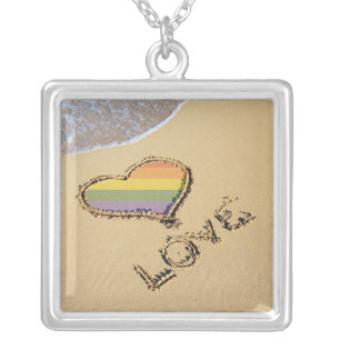 Gay Rainbow Love Heart In The Sand Silver Plated Necklace