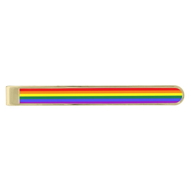 Gay Rainbow Pride Flag Themed Gold Finish Tie Clip (Front)
