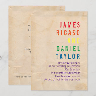 Gay Rainbow Text Antique Paper Wedding Invitation