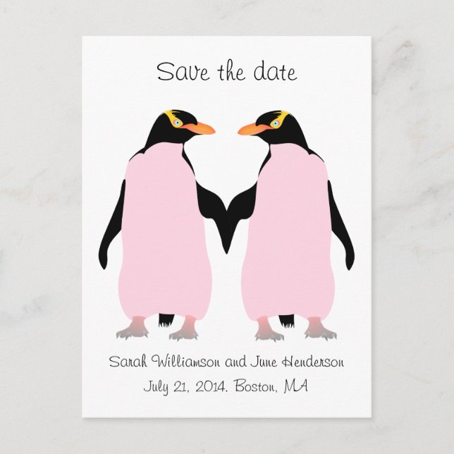 Gay Save the date, pink penguins Announcement Postcard (Front)