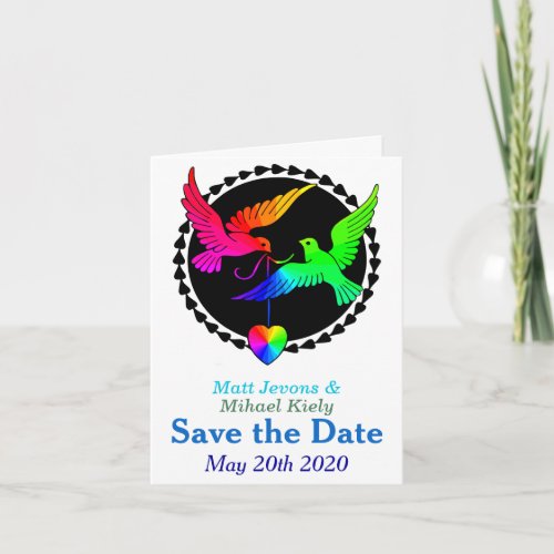 Gay Save the Date Rainbow Heart Love Doves Card