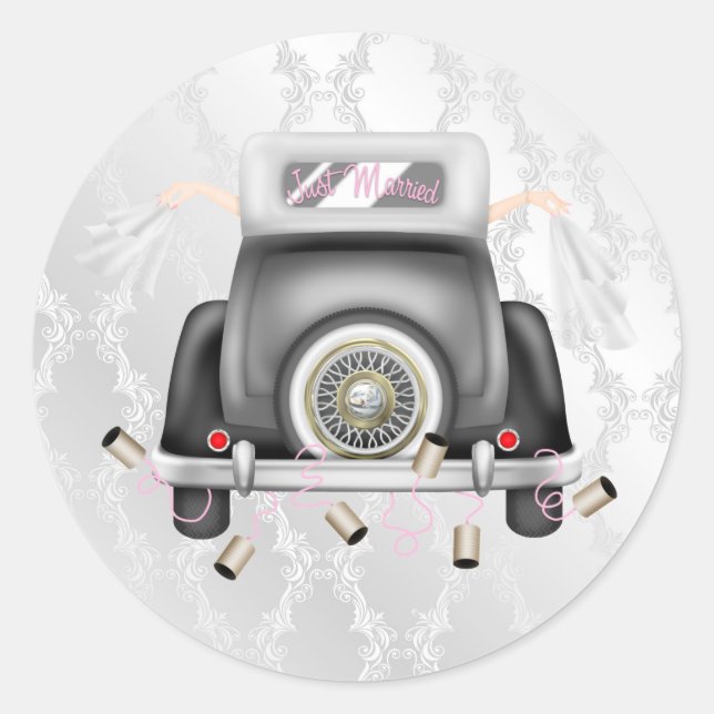 Gay Silver Damask Wedding Sticker with Wedding Car (Front)