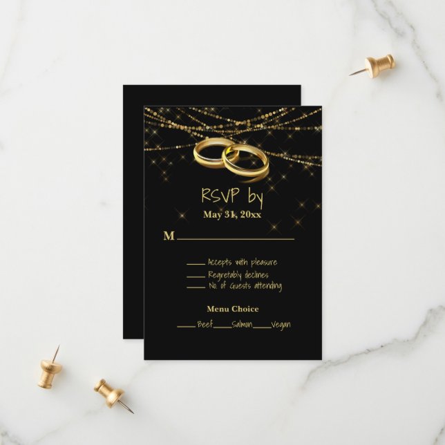 Gay Sparkling Lights and Gold Wedding Rings RSVP Save The Date (Front/Back In Situ)