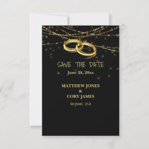 Gay Sparkling Lights and Gold Wedding Rings Save The Date