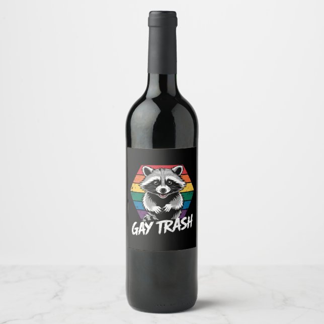 Gay Trash Raccoon LGBTQ Pride Vintage Wine Label (Front)