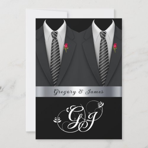 Gay Wedding Black Tuxedos Red Roses   Invitation