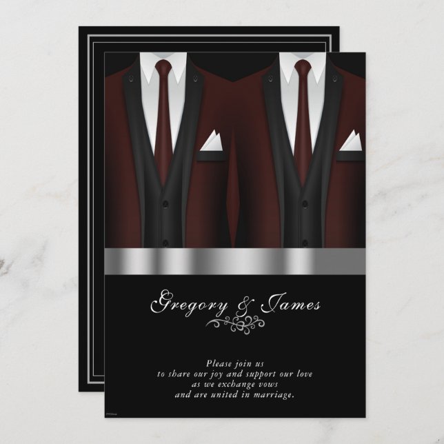  Gay Wedding Burgundy Tuxedo Silver Black Invitation (Front/Back)