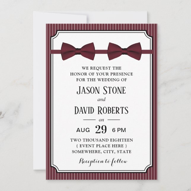 Gay Wedding Double Bow Ties Burgundy Red Invitation (Front)