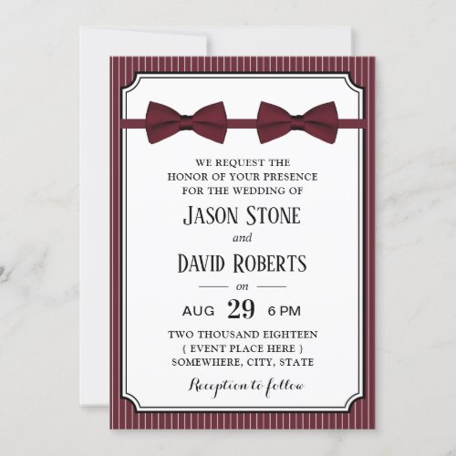 Gay Wedding Double Bow Ties Burgundy Red Invitation