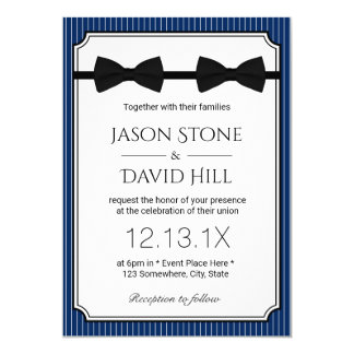 Gay Wedding Double Bow Ties Classy Navy Blue Invitation