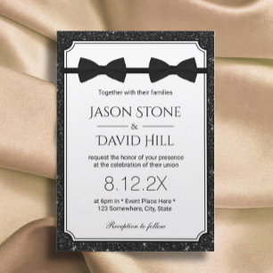 Gay Wedding Double Bow Ties Modern Black Glitter Invitation