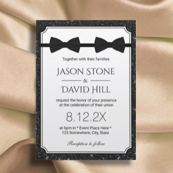 Gay Wedding Double Bow Ties Modern Black Glitter Invitation by myinvitation at Zazzle