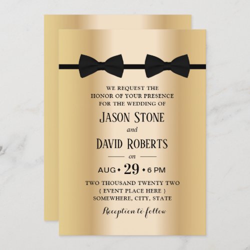 Gay Wedding Double Bow Ties Modern Gold Invitation