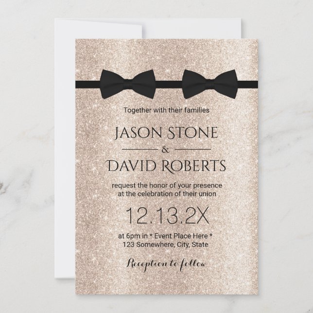 Gay Wedding Double Bow Ties Modern Ivory Gold Invitation (Front)