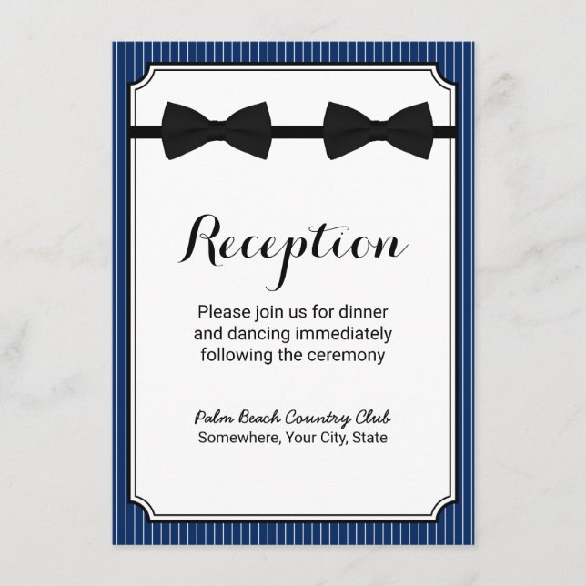Gay Wedding Double Bow Ties Navy Blue Reception Enclosure Card (Front)