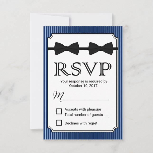 Gay Wedding Double Bow Ties Navy Blue RSVP Card (Front)