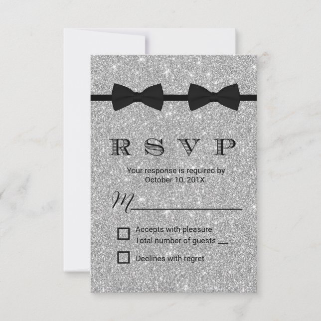Gay Wedding Double Bow Ties Silver Glitter RSVP (Front)