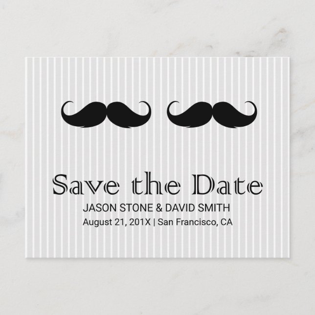 Gay Wedding Double Mustache Save the Date Announcement Postcard (Front)