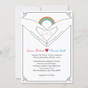 Gay Wedding Elegant Hand Heart & Rainbow Invitation
