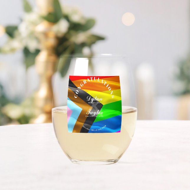 Gay Wedding Gift Pride Flag Typography Printed Stemless Wine Glass (Insitu (Wedding))