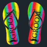 Gay Wedding Groom Mustache Rainbow Stripes Custom Flip Flops<br><div class="desc">Customise it to change groom to any text,  ie: best man,  groomsman,  that suits you or delete the text if not needed. Fully customizable.</div>