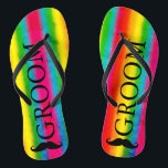 Gay Wedding Groom Mustache Rainbow Stripes Custom Flip Flops<br><div class="desc">Customise it to change groom to any text,  ie: best man,  groomsman,  that suits you or delete the text if not needed. Fully customizable.</div>