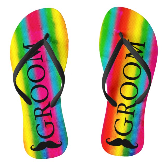 Gay Wedding Groom Mustache Rainbow Stripes Custom Flip Flops (Footbed)