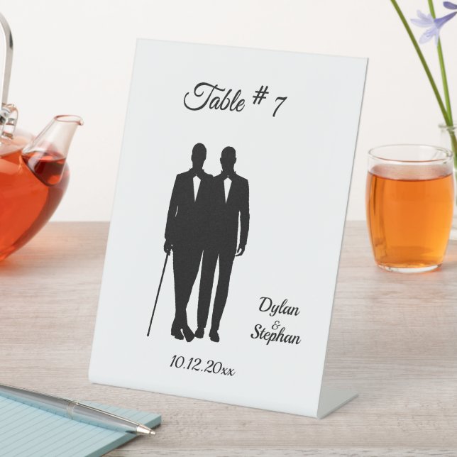 Gay Wedding Grooms w Names and Date Table Number Pedestal Sign (In SItu)