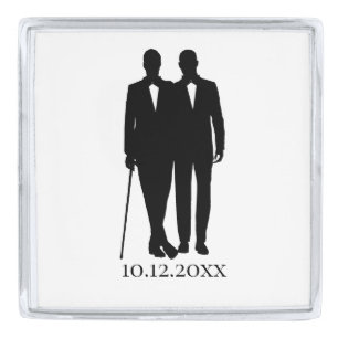 Gay Wedding Grooms with Date Silver Finish Lapel Pin