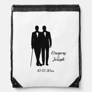 Gay Wedding Grooms with Names and Date Drawstring Bag