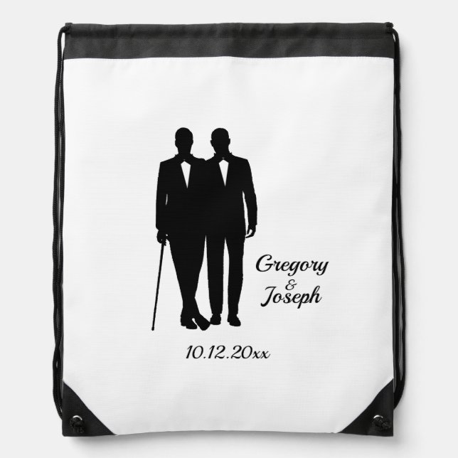 Gay Wedding Grooms with Names and Date Drawstring Bag (Front)