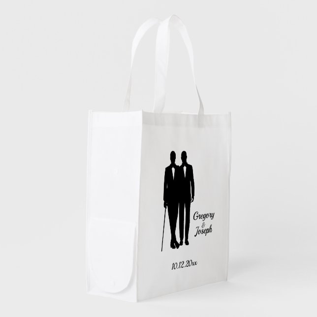 Gay Wedding Grooms with Names and Date Grocery Bag (Front Side)